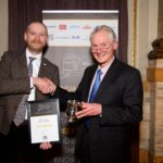 John Hatch of Ram Brewery (right) receives the Brewer of the Year 2021 trophy from then SIBA chief executive James Calder